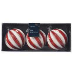 Boule de Noël en verre décor à côtes pailleté blanche et rouge Ø 8 cm 3 pièces DECORIS