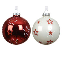 Boule de Noël en verre motif étoilé blanche et rouge Ø 8 cm DECORIS