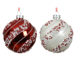 Boule de Noël en verre motif en spirale orné de perles blanche et rouge Ø 8 cm DECORIS