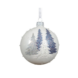 Boule de Noël en verre décor de sapins blanc d'hiver Ø 8 cm DECORIS