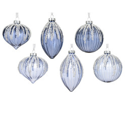 Boule de Noël en verre décor lignes de perles blanches bleue Ø 8 cm DECORIS