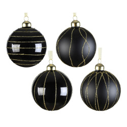 Boule de Noël en verre décor de lignes pailletées dorées noire Ø 8 cm DECORIS