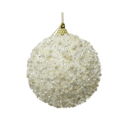 Boule de Noël en mousse pailletée et perlée blanc laine Ø 8 cm DECORIS