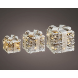 Set de cadeaux en rotin beige LED blanc chaud 3 pièces LUMINEO