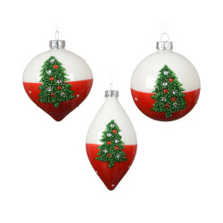 Boule de Noël en verre motif de sapin pailleté blanc d'hiver et rouge Ø 8 cm DECORIS