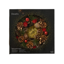 Couronne de Noël pommes de pin et boules rouges Ø 33 cm