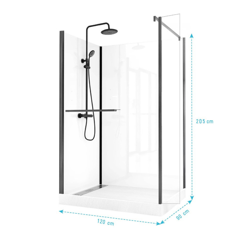 Cabine de douche à l'italienne Zéphyr rectangulaire noire 90 x 120 x 205 cm AURLANE