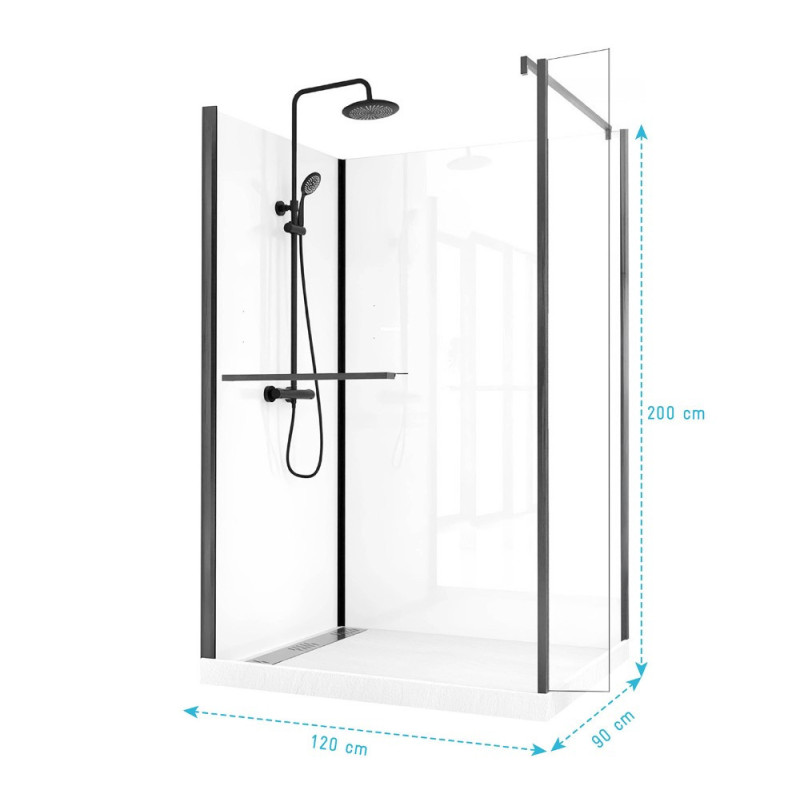 Cabine de douche à l'italienne Zéphyr rectangulaire noire 90 x 120 x 200 cm AURLANE