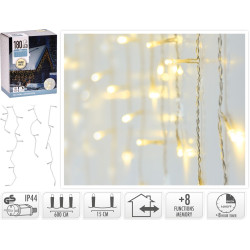 Guirlande de Noël intérieure et extérieure stalactite 8 fonctions 180 LED blanc chaud 6 m