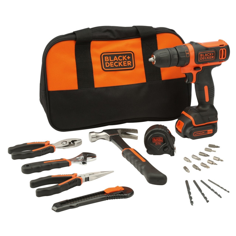 Perceuse-visseuse 10.8V avec 20 outils à main et accessoires - BDCDD12HTSA-QW - BLACK+DECKER