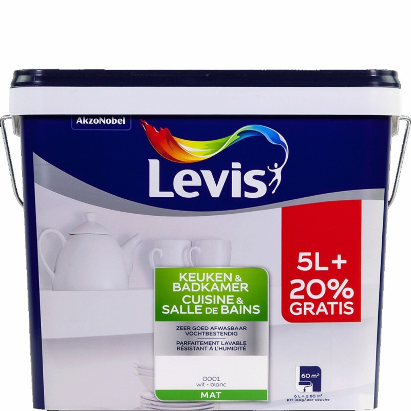 Peinture Cuisine & Salle de Bain blanche mate 5 L + 1 L LEVIS