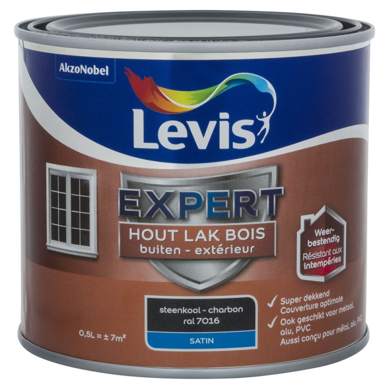 Laque Expert pour bois extérieur Charbon satinée 0,5 L LEVIS