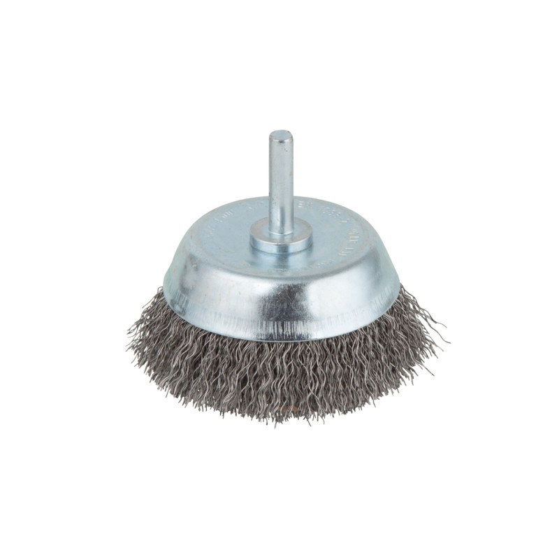 Brosse soucoupe avec fil d'acier ondulé avec queue ronde pour perceuse Ø 75 mm WOLFCRAFT