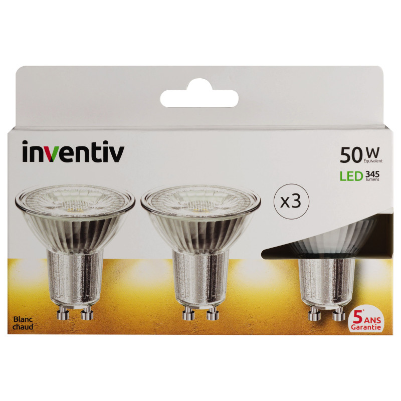 Ampoule LED GU10 5W Blanc Chaud – Lot de 3 | INVENTIV