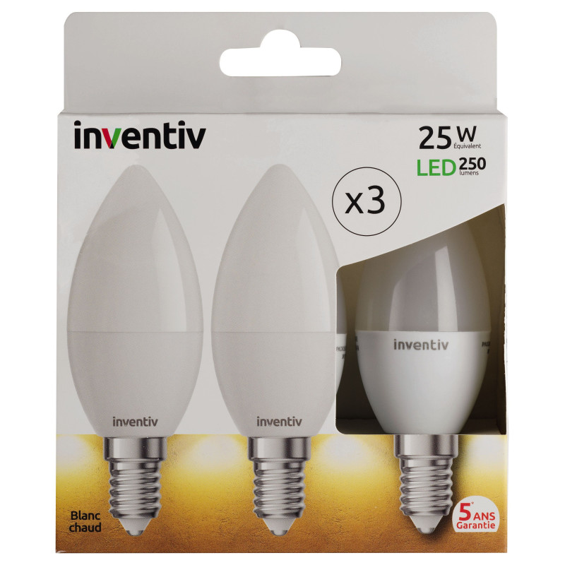 Ampoule LED Flamme E14 3W Blanc Chaud – Lot de 3 | INVENTIV Ampoule LED Flamme E14 3W Blanc Chaud – Lot de 3 | INVENTIV