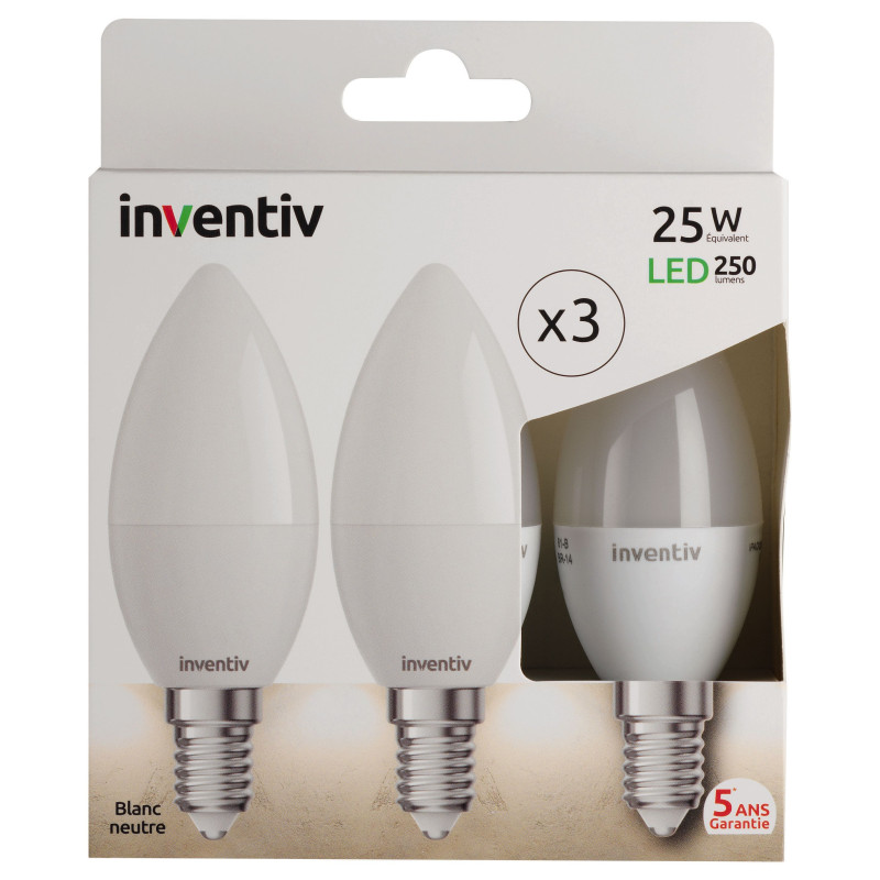 Ampoule LED Flamme E14 3W – Blanc Neutre 3 Pièces | INVENTIV
 Ampoule LED Flamme E14 3W – Blanc Neutre 3 Pièces | INVENTIV