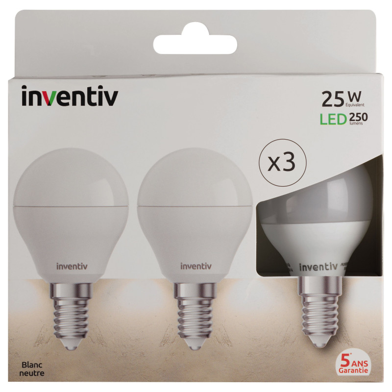 Ampoule LED boule E14 3 W – Blanc neutre — 3 pièces | INVENTIV Ampoule LED boule E14 3 W – Blanc neutre — 3 pièces | INVENTIV
