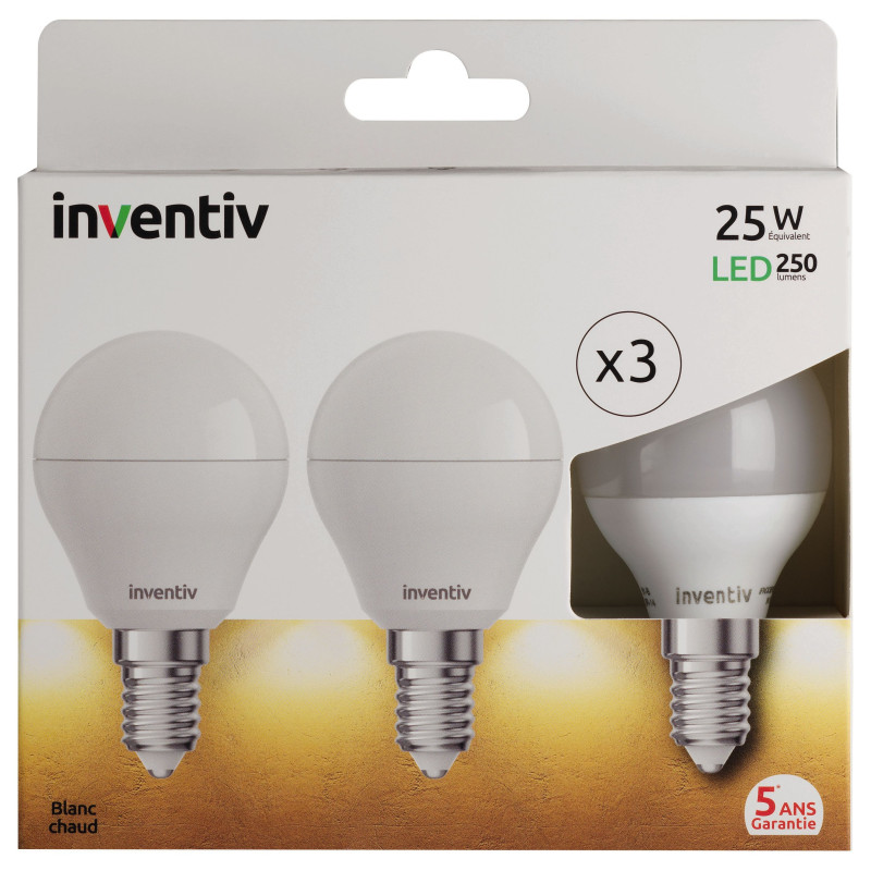 Ampoule LED Boule E14 3W Blanc chaud – Lot de 3 | INVENTIV Ampoule LED Boule E14 3W Blanc chaud – Lot de 3 | INVENTIV
