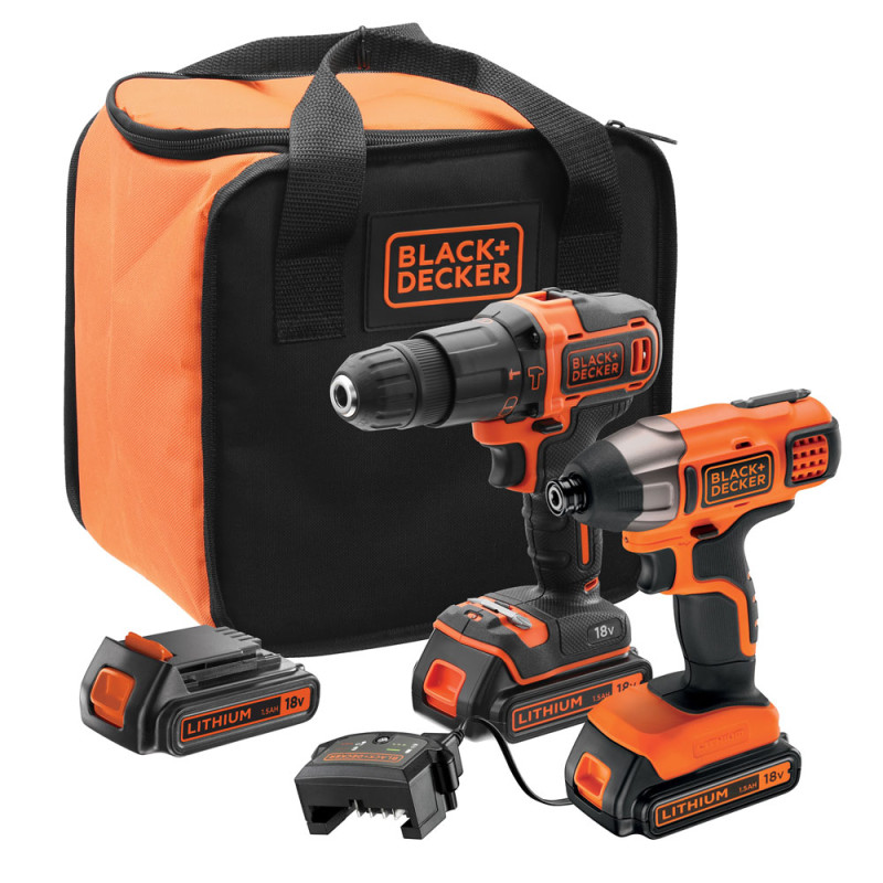 Pack de perceuse à percussion et visseuse à chocs sur batterie BCK21S2S-QW 18 V BLACK+DECKER