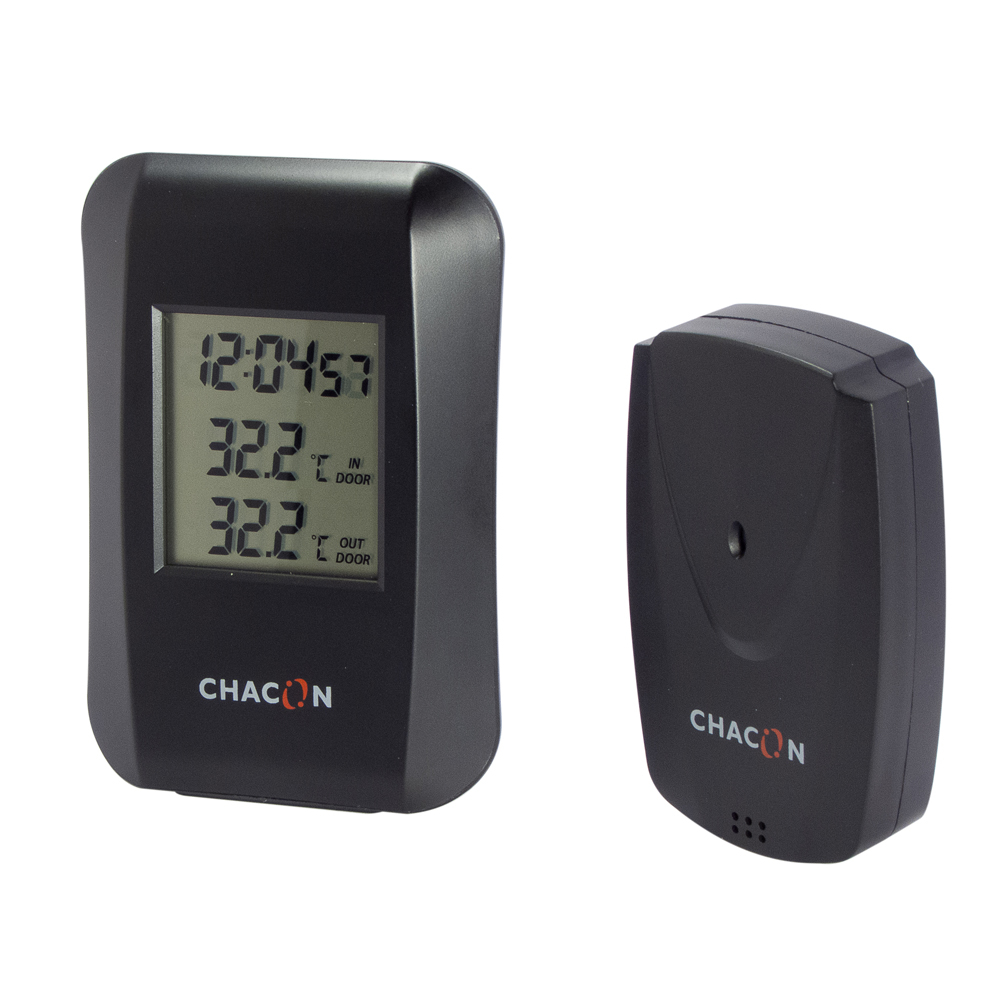 Thermomètre digital noir intérieur/extérieur - sans fil - avec horloge