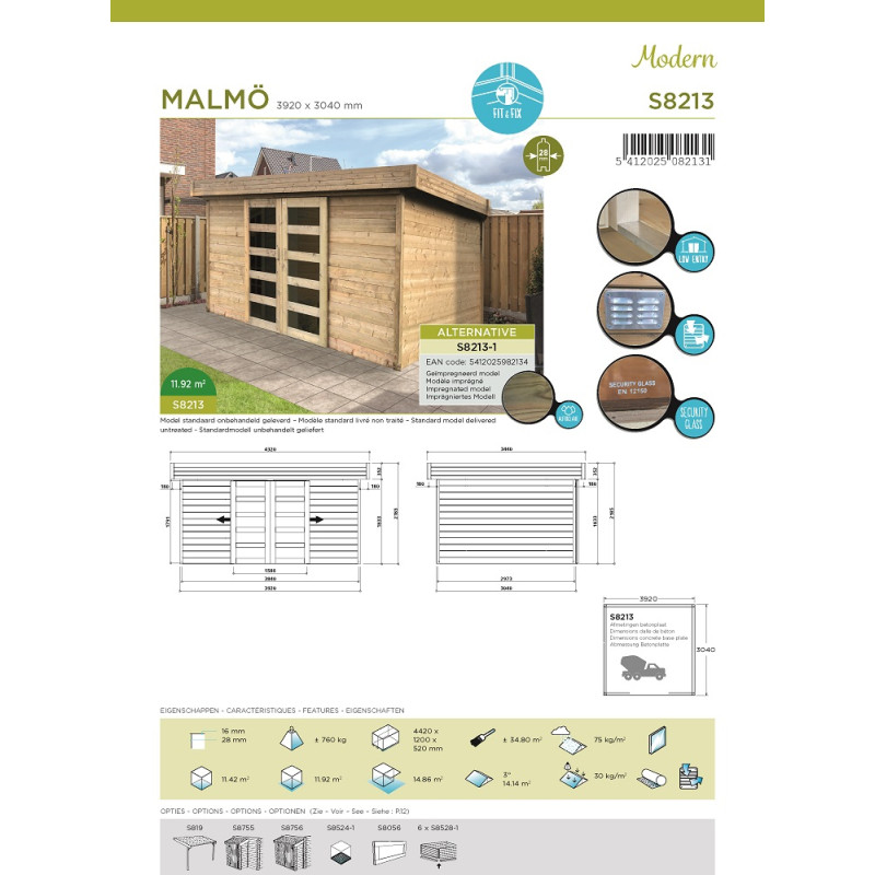 Abri de jardin en bois moderne Malmo 28 mm 3,9 x 3 m | SOLID Abri de jardin en bois moderne Malmo 28 mm 3,9 x 3 m | SOLID