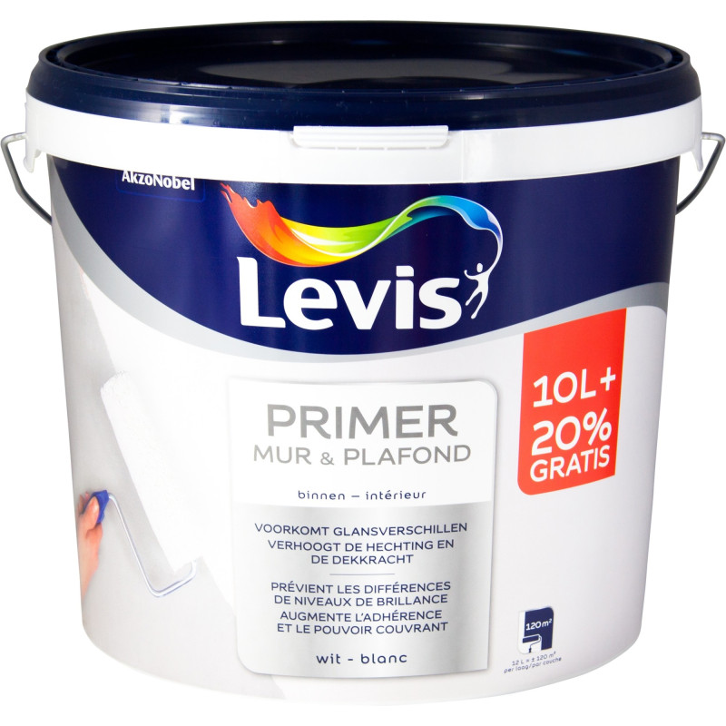 Primer mur et plafond blanc 10 + 2 L LEVIS