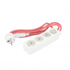 Multiprise 3 prises averc interrupteur et câble textile rouge et blanc 1,5 m CHACON