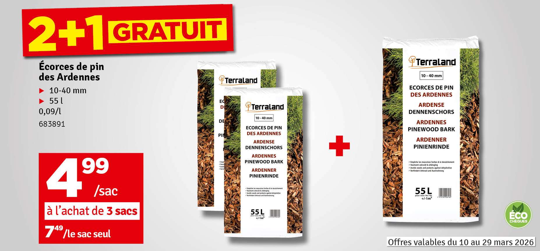 2 + 1 gratuit - Ecorce de pin sylvestre des Ardennes 55 L TERRALAND