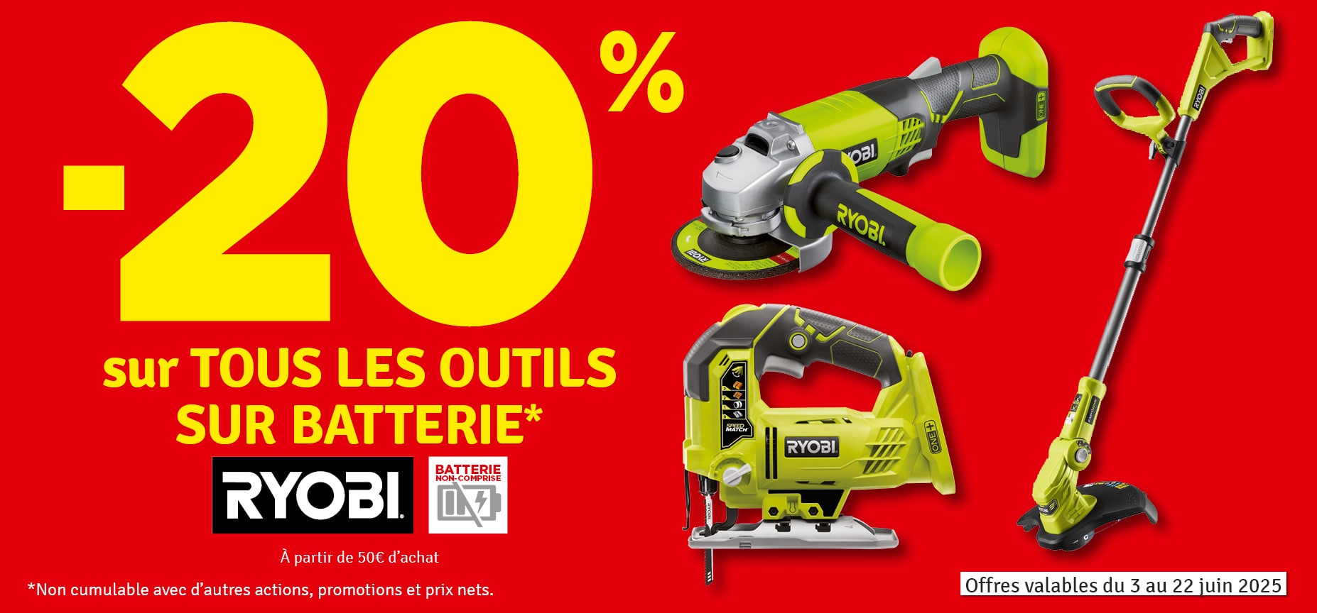 Promo - 20 % sur tous les outils sur batterie RYOBI