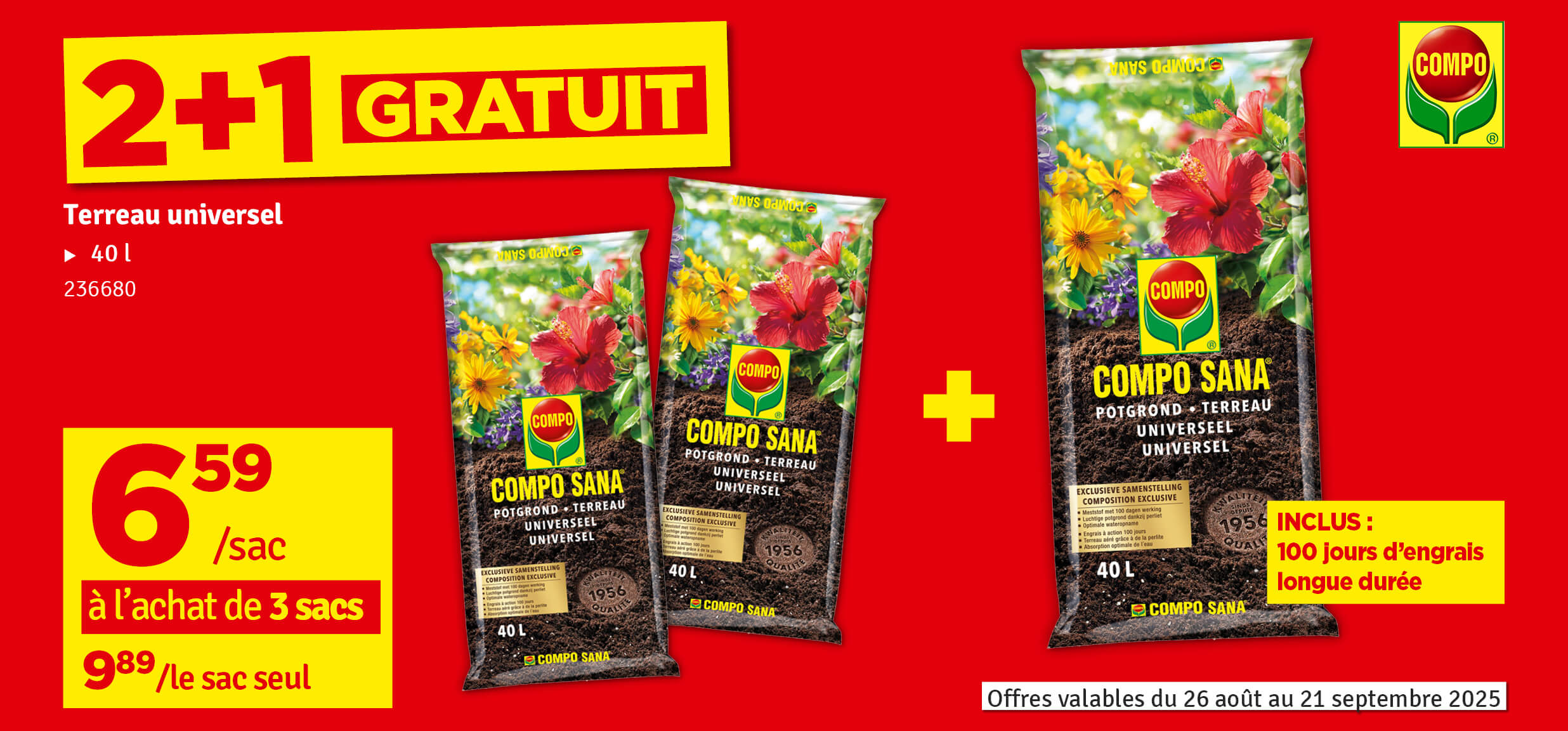 2 + 1 gratuit - Terreau universel Sana 40 L COMPO