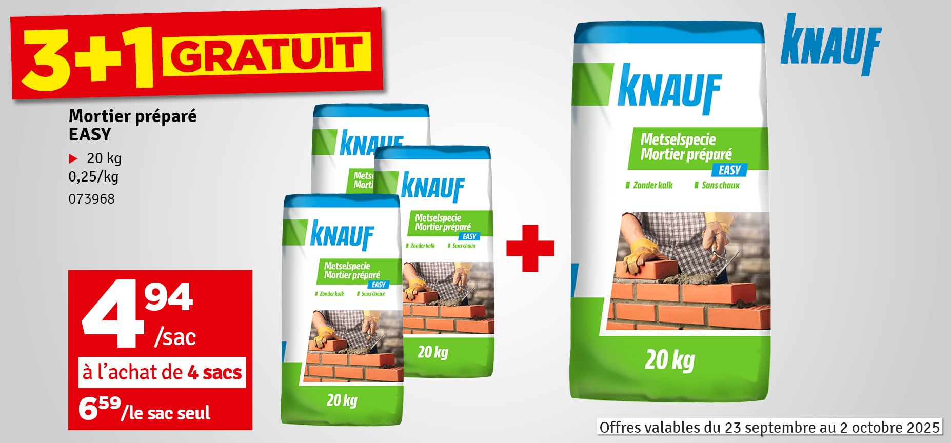 3 + 1 gratuit -Mortier préparé Easy 20 kg KNAUF