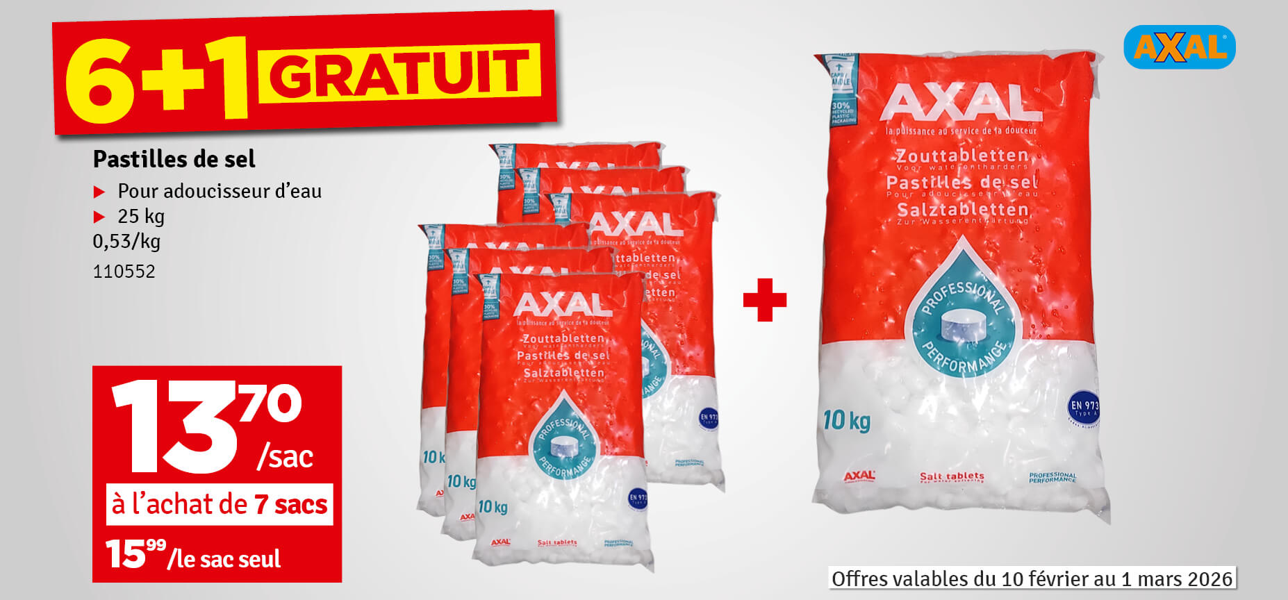6 + 1 gratuit - Pastilles de sel pour adoucisseur d'eau 25 kg AXAL