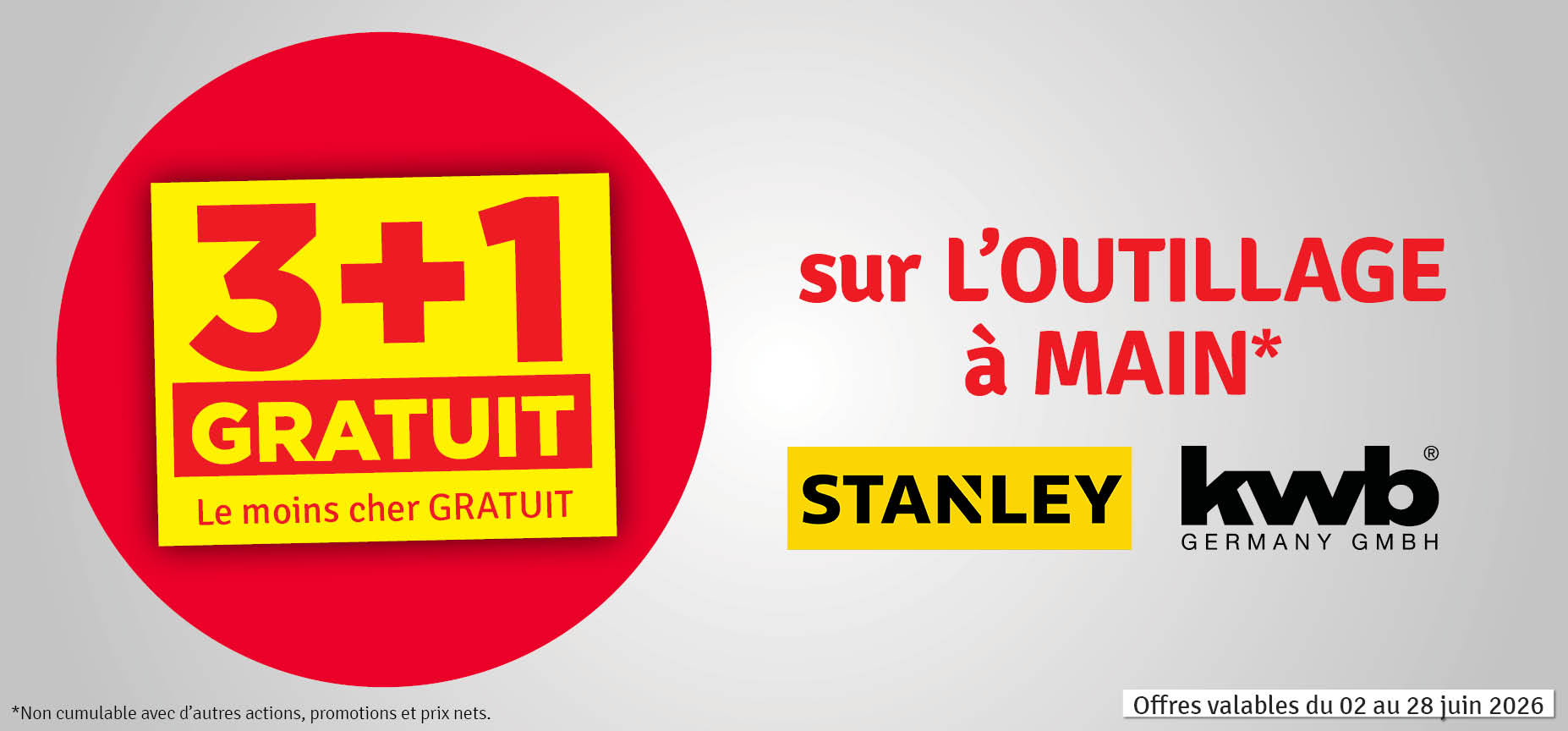3 + 1 gratuit sur l'outillage à main STANLEY & KWB 3 + 1 gratuit sur l'outillage à main STANLEY & KWB