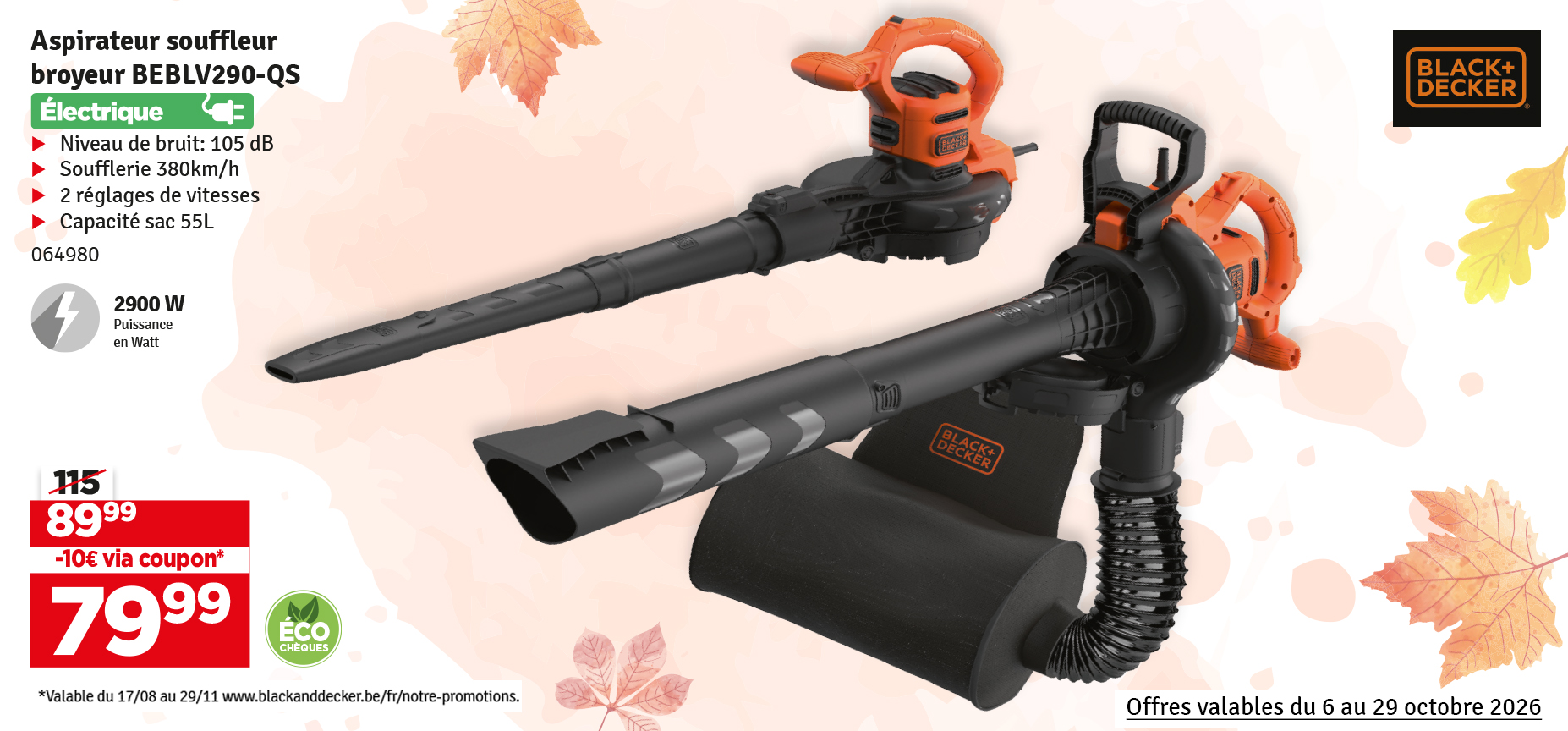Aspirateur souffleur broyeur électrique BEBLV290-QS 2900 W BLACK+DECKER Aspirateur souffleur broyeur électrique BEBLV290-QS 2900 W BLACK+DECKER