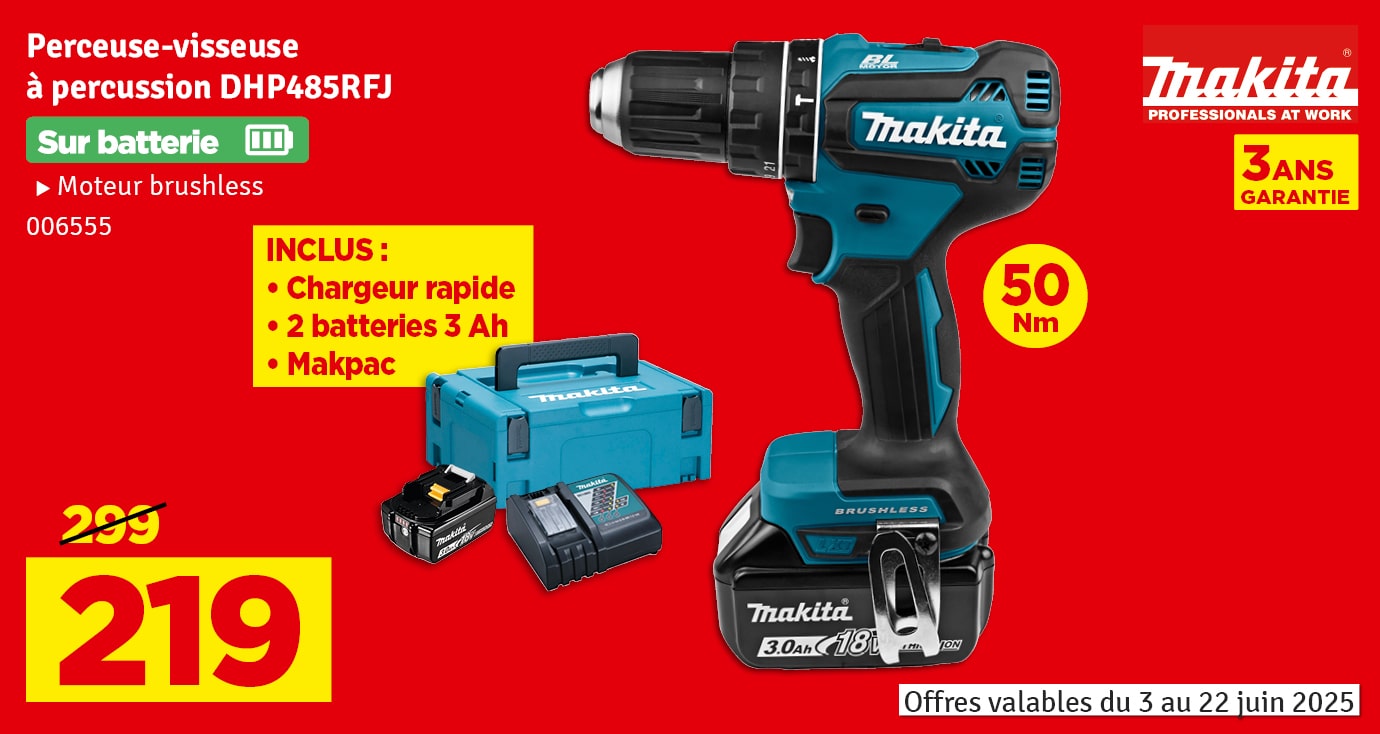 Perceuse visseuse à percussion sur batterie DHP485RFJ 2 x 3 Ah 18 V MAKITA