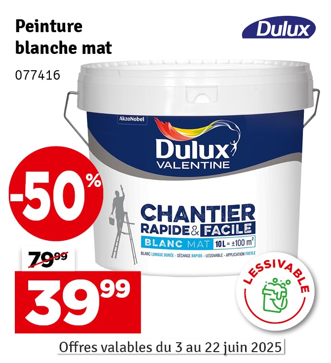 Peinture pour murs et plafonds Chantier Rapide & Facile blanc mat 10 L DULUX