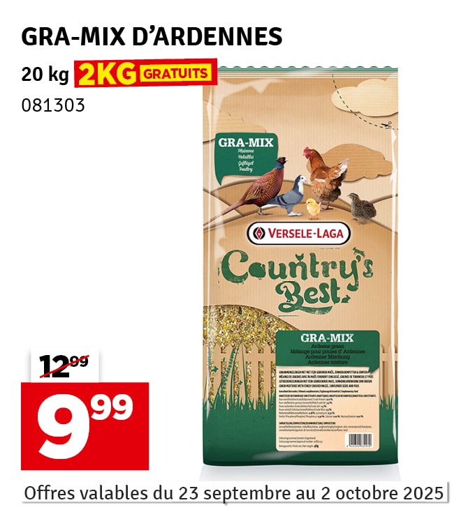 Mélange de céréales Gra-Mix pour poules d'Ardennes 20 kg + 2 kg gratuit