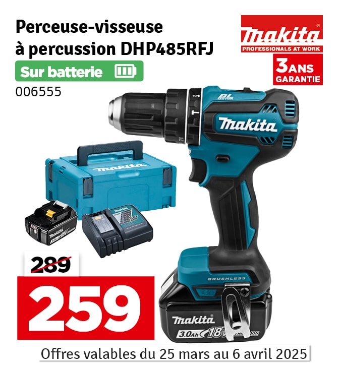 Perceuse visseuse à percussion sur batterie DHP485RFJ 2 x 3 Ah 18 V MAKITA