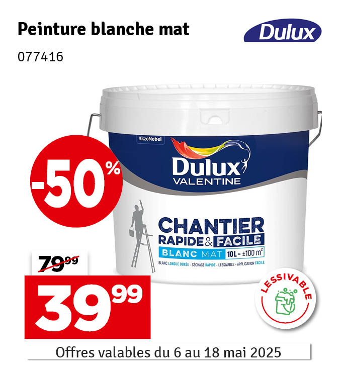 Peinture pour murs et plafonds Chantier Rapide & Facile blanc mat 10 L DULUX