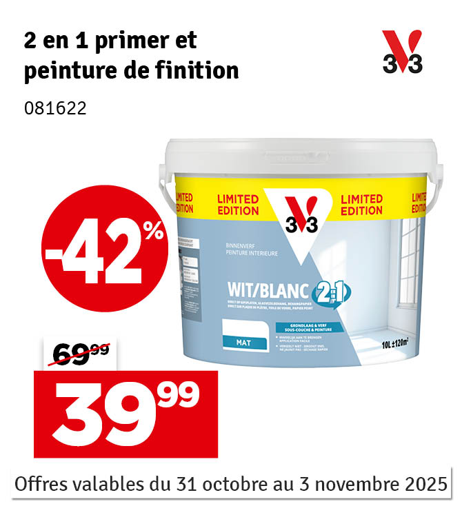 Peinture pour murs et plafonds 2-en-1 blanc mat 10 L V33