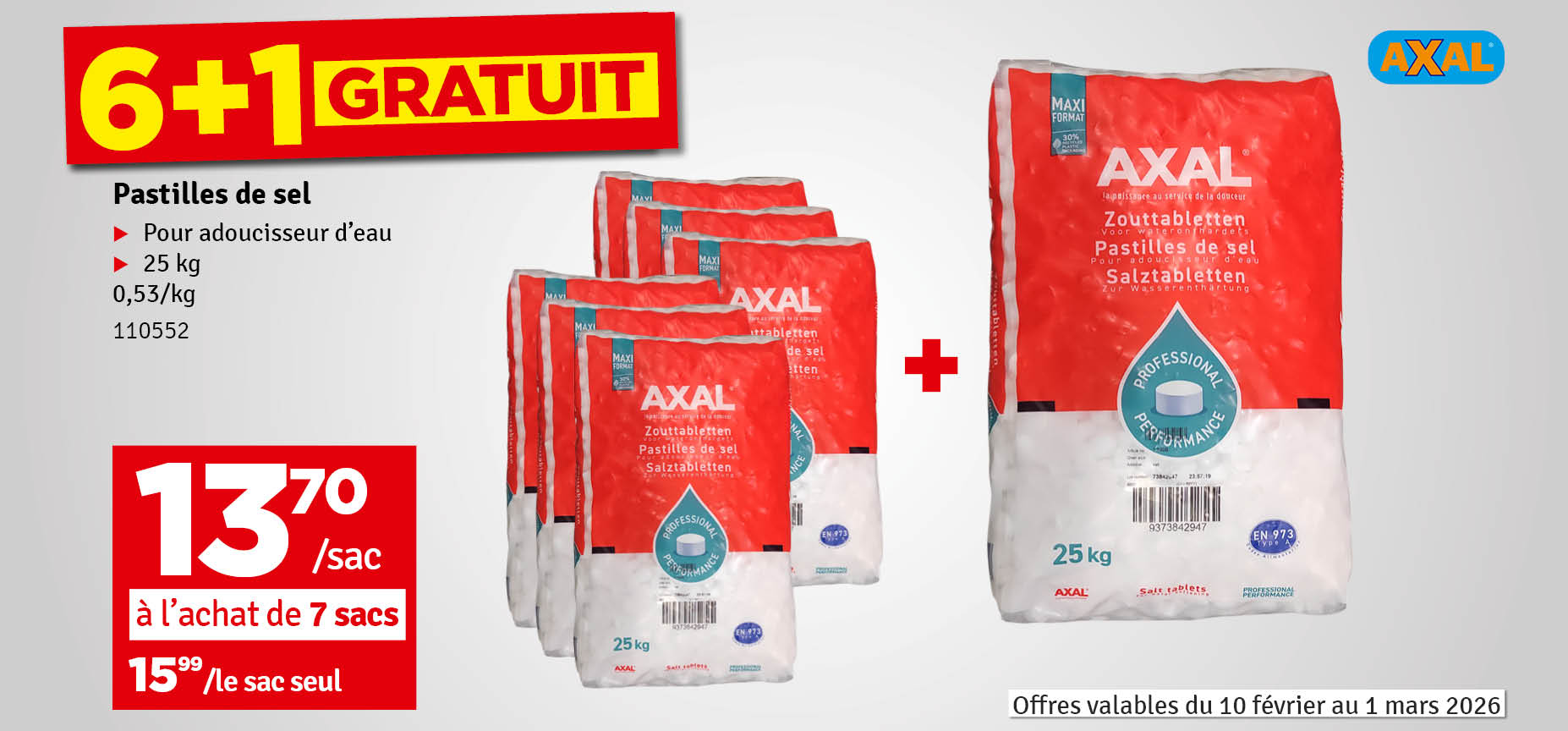 6 + 1 gratuit - Pastilles de sel pour adoucisseur d'eau 25 kg AXAL